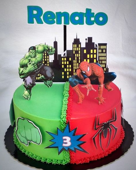 The Hulk Birthday Cake, Half Spiderman Half Hulk Cake, Cake Hulk Birthday, Hulk Spiderman Birthday Party, 2 In 1 Cake Design, Spider Man And Hulk Cake, Hulk Spiderman Cake, Hulk Birthday Party Cake, Hulk And Spiderman Cake