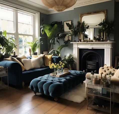 Living Room Blue Velvet Couch, Teal Velvet Sofa Living Room Ideas, Navy And Emerald Living Room, Velvet Sofa Living Room Ideas, Blue Velvet Sofa Living Room, French Provincial Living Room, Art Nouveau Living Room, Velvet Couch Living Room, Blue Sofa Living