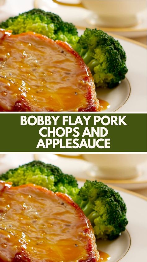 Bobby Flay’s Pork Chops And Applesauce combines juicy pork chops with tangy homemade applesauce. With Golden Delicious apples, paprika, and garlic powder, it’s ready in about 60 minutes, serving four. Pork Apple Sauce, Pork Chops And Applesauce Recipe, Pork Chop Applesauce, Apple Sauce Pork Chops, Pork Chops With Applesauce, Pork And Apple Sauce, Apple Pork Chop Recipes, Pork Chops And Apples, Seasoned Pork Chops