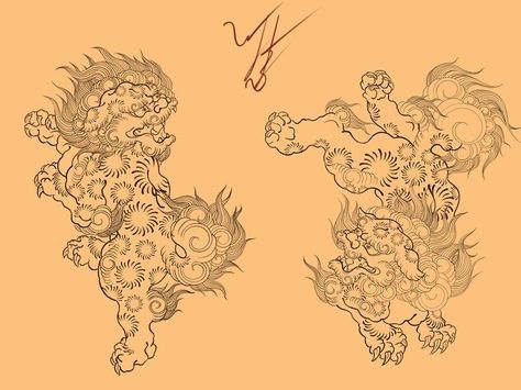 Small Foo Dog Tattoo, Foodog Tattoo Japanese, Japanese Foo Dog Tattoo, Fudog Tattoo, Chest Tattoo Japanese, Japanese Foo Dog, Foo Dog Tattoo Design, Japanese Leg Tattoo, Foo Dog Tattoo