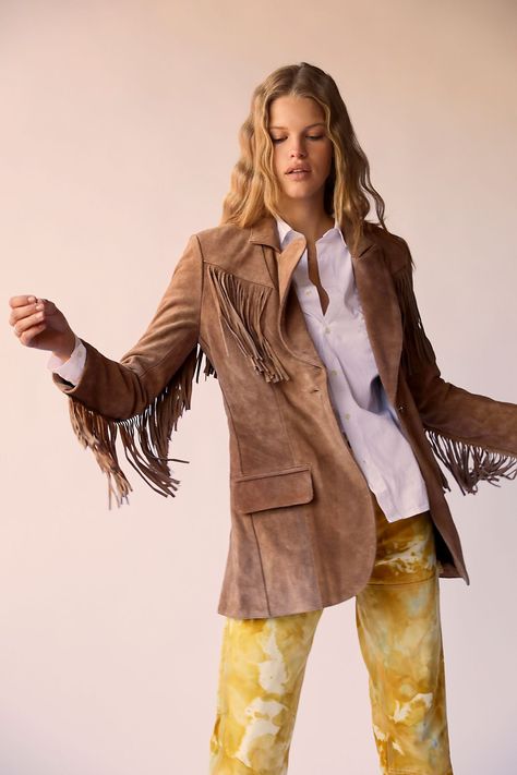 Marlboro Fringe Blazer | Free People Fringe Blazer, Blanket Jacket, Studded Leather Jacket, Leather Jumpsuit, Boho Jacket, Free People Style, Fringe Trim, Boho Clothing, Boho Outfits