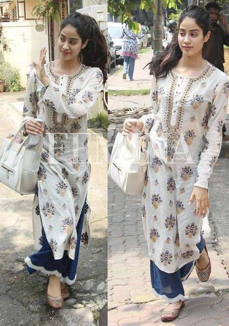 Janvi Kapoor, Jhanvi Kapoor, Kurta With Palazzo, Indian Kurti Designs, Fest Outfits, Janhvi Kapoor, Indian Designer Suits, Salwar Designs, Casual Indian Fashion