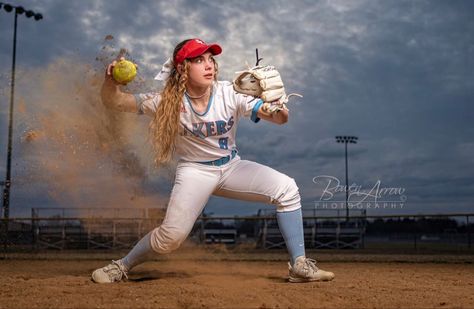 Softball picture, senior banner, action photo Softball Action Shots Picture Ideas, Softball Photography Action, Baseball Action Shots Sport Photography, Softball Action Shots, Softball Pictures Poses Individual, Softball Media Day Poses, Softball Photoshoot Ideas, Softball Portraits, Softball Images