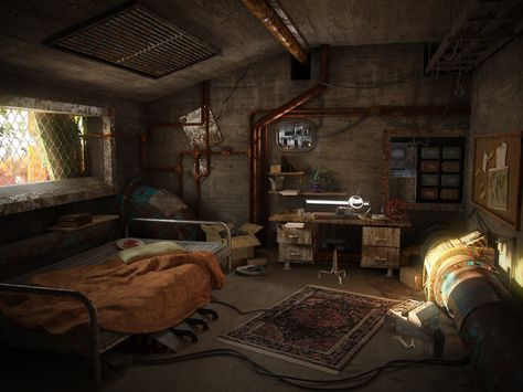 Post-Apocalyptic Room by Hrormir Post Apocalyptic Art, Post Apocalypse, Environment Design, Environment Concept Art, Zombie Apocalypse, Post Apocalyptic, Sci Fi Art, Writing Inspiration, Cyberpunk