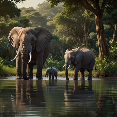 A family of elephants drinking from - Digital Arts Digital Art Photography, Great Inventions, Tall Trees, Mountain Scene, Blank Space, Moon Flower, Mountain Paintings, Mountain Lake, The Scene