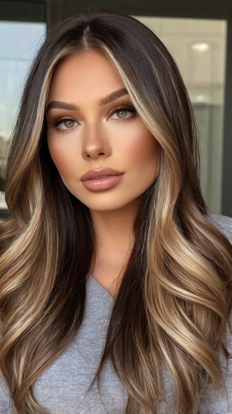 Vibrant Dark Brown Hair with Blonde Ideas for Blonde Lowlights 🌟 Dark Blonde Extensions, Blonde Highlights With Dark Lowlights, Brunette Roots Blonde Hair, Going Blonde To Brunette, Dark Blonde Hair With Lowlights, Blonde Highlights Underneath, Grown Out Highlights, Going Blonde From Brunette, Brunette With Blonde