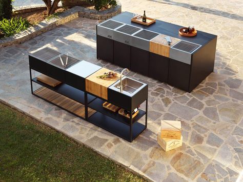 outdoor kitchen design Modular Outdoor Kitchens, Outdoor Bbq Kitchen, Outdoor Kitchen Island, Bbq Kitchen, Pool Rooms, Casa Container, Showroom Design, Outdoor Bbq, Outdoor Kitchen Design