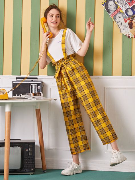 SHEIN Paperbag Waist Tartan Pinafore Jumpsuit | SHEIN USA Dungaree Outfits, Pinafore Jumpsuit, Dungaree Outfit, Outfits Church, Western Work, Vintage Trousers, Trendy Fashion Tops, Fashionista Clothes, Fashion Attire