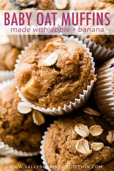 Baby and toddler mini muffins! Banana, applesauce, cinnamon, oats, and not much else. Freezer-friendly and easy to make. Baby LOVES these! Recipe on sallysbakingaddiction.com Mini Muffins Banana, Toddler Mini Muffins, Banana Applesauce Muffins, Apple Banana Muffins, Cinnamon Oats, Baking With Toddlers, Toddler Muffins, Muffins Banana, Baby Muffins