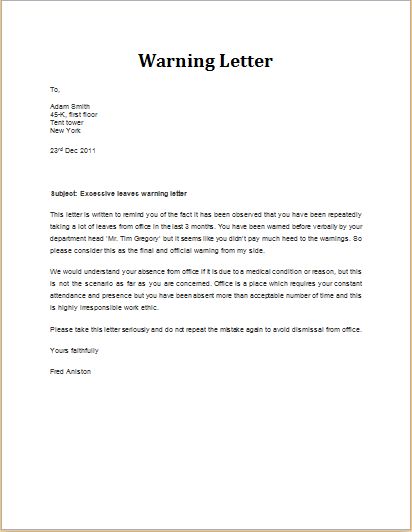 Excessive Leave Warning Letter DOWNLOAD at http://www.wordexceltemplates.com/warning-letter-for-excessive-leaves/ Fbi Warning Letter, Formal Business Letter, Business Letter Template, Cover Letter Template Free, Free Cover Letter, Business Letter, Lettering Download, Letter Sample, Letter Example