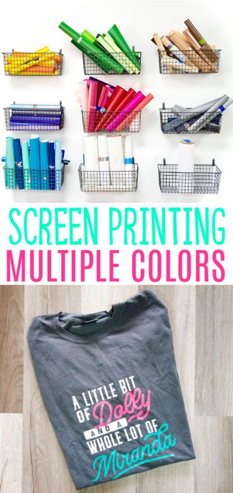 Have you tried screen printing with your Cricut machine? We love this craft technique, but single color screen printing can be limiting at times. That’s why we’re so excited to share this technique for screen printing multiple colors.We’ll take you through a step-by-step Cricut screen printing tutorial using more than one color. It can seem intimidating if you’re a Cricut beginner, but we’ll teach you everything you need to know to make successful screen printing projects every time. Screen Printing With Cricut T Shirts, Screen Printing With Silhouette Cameo, 2 Color Screen Print Design, Screen Printing With Multiple Colors, Cricut Screen Printing Diy, How To Screen Print Multiple Colors, How To Make Screen Print Transfers, Tshirt Screen Printing Ideas, Screen Printing For Beginners