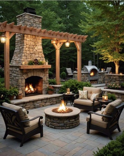 Outdoor Fireplace Landscaping, Back Porch With Fire Pit, Fireplace In Garden, Back Patio Fireplace, Outdoor Patio With Fireplace, Outdoor Fireplace Ideas Backyards, Outdoor Brick Fireplace, Patio Fireplaces, Backyard Fireplaces