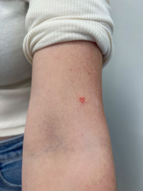 Fine Line Red Heart Tattoo, Micro Heart Tattoo, Tiny Red Heart Tattoo, Minimalist Red Tattoo, Fine Line Heart Tattoo, Red Heart Tattoo, Little Heart Tattoos, Red Heart Tattoos, Shell Tattoos