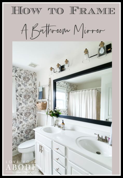 Adding Frame To Bathroom Mirror, Diy Frame Around Bathroom Mirror, Frame Over Mirror Bathroom, Framing A Mirror Bathroom, Framing A Bathroom Mirror Diy, Bathroom Mirror Trim Ideas, Border Around Mirror Bathroom, Large Bathroom Mirror Makeover, How To Frame A Mirror Diy