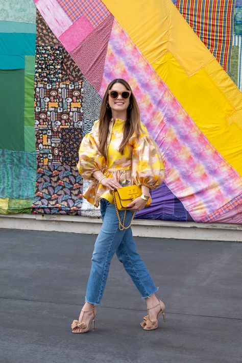 Stine Goya Ferrah Yellow Brocade Blouse - Style Charade Yellow Brocade Blouse, Effortless Chic Outfits, Classy Wardrobe, Brocade Blouse, Paint Shirts, Stine Goya, Brocade Blouses, Bow Sandals, Denim Blouse