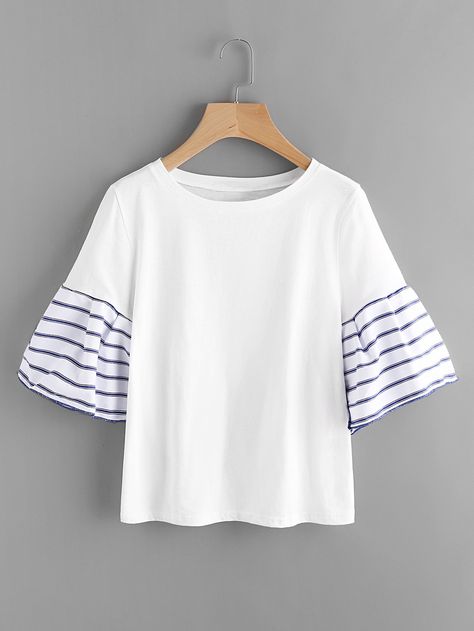 Trendy Cotton T-shirt With Contrast Stripes, Summer Cotton T-shirt With Striped Sleeves, Spring Cotton T-shirt With Striped Sleeves, Blue Summer T-shirt With Horizontal Stripes, Ebay Fashion, Luxury Cotton T-shirt With Striped Collar, Summer Outfit Inspiration, Abayas Fashion, Girl Sweatshirts