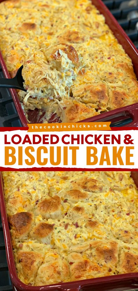 An easy comfort food dinner with only 7 ingredients! It's a yummy casserole recipe featuring chicken and biscuits. Packed with so much flavor, this Loaded Chicken and Bake is family-approved! Chicken And Biscuit Bake, Chicken Biscuit Casserole, Biscuit Recipes Dinner, Loaded Chicken, The Cookin Chicks, Can Chicken Recipes, Canned Biscuits, Chicken And Biscuits, Favorite Dinner