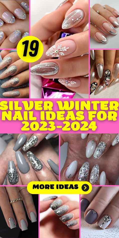 Enchanting Pink and Silver Nails: Embrace the feminine allure of winter with these enchanting pink and silver nails. Whether you opt for a ballerina or coffin nail shape, the delicate pink hues paired with intricate silver snowflakes create a captivating visual appeal. These nails offer a perfect embodiment of the delicate beauty that the winter season brings. Silver Winter Nails, Pink And Silver Nails, Nail Designs For Winter, Striped Nail Designs, Glitter Gradient Nails, Winter Nail Ideas, Silver Nail Designs, Silver Nail Art, Silver Glitter Nails