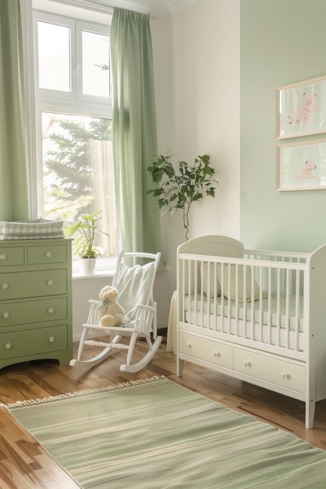 Get inspiration for your perfect girl's nursery with these ideas. Calm Green Nursery, Nursery With Windows, Sage Green Pink Nursery Girl, Purple And Green Nursery Girl, Pastel Green Nursery, Green And Yellow Nursery, Green Girl Nursery, Light Green Nursery, Green Nursery Girl