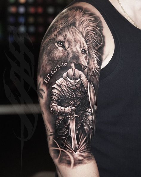 Christian Shield Tattoo, Christian Knight Tattoo, Armor Of God Tattoo Ideas, God Warrior Tattoo, Lion And Knight Tattoo, Gods Warrior Tattoo, Armor Of God Tattoos For Guys, Armor Of God Tattoo For Men, Full Armor Of God Tattoo