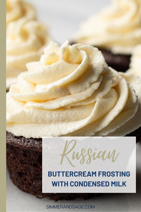 Let’s make an easy, creamy, homemade buttercream frosting using sweetened condensed milk! Also called Russian buttercream, this easy sweetened condensed milk frosting is perfect for decorating and icing cakes, cupcakes, or just eating right off the spoon. Frosting With Condensed Milk, Condensed Milk Icing, Sweetened Condensed Milk Frosting, Condensed Milk Frosting, Russian Buttercream, Dessert Recipes For Beginners, Milk Frosting, Delicious Sauces, Sweetened Condensed Milk Recipes