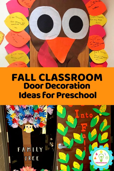 Fall Decorating Door Ideas School, Charlie Brown Fall Classroom Door, Fall Into Learning Classroom Door, Thanksgiving Billboard Ideas For School, Gratitude Door Decorations Classroom, Thanksgiving Classroom Door Decor, Holloween Decore Idea For Classroom, Thanksgiving Door Decorations Preschool, Preschool Thanksgiving Door Ideas