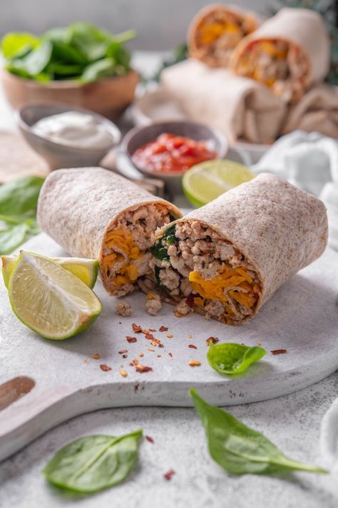 The High Protein Burrito Recipe I've Been Making For Over 5 Years High Protein Burritos, High Protein Burrito, Protein Burrito, Burrito Meal Prep, Turkey Burritos, Ground Turkey Sausage, Baked Turkey Wings, Turkey Cutlets, Burrito Recipe