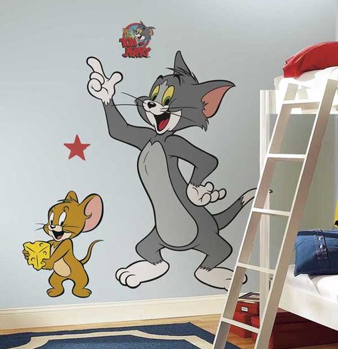 tom and jerry Kids Bedroom Wall Decor, Tom Und Jerry, Tom Et Jerry, Bed Wooden, Bank Bed, Tom And Jerry Cartoon, Kids Room Wall Decals, Cat And Mouse, Wooden Ladder