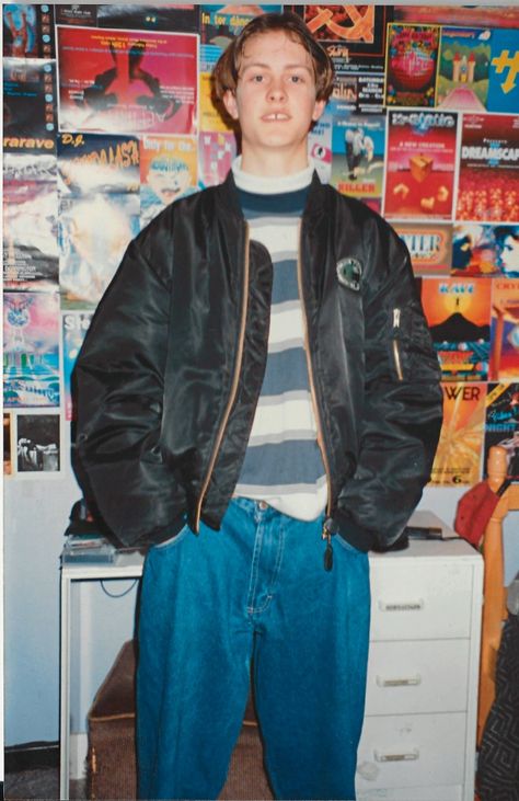 Southampton, 1994 In this picture I’m 15, stoned and in my room at my parents’ suburban house. I was off to find someone with a free house or room to stay in until I greened out. I’m wearing Bleu Bolt jeans (size 38 waist for extra bagginess), a roll neck to hide my skinny neck and an MA-1 jacket from the club Obsession British Street Fashion, 90s Fashion Men, 90s Men, Alice In Chains, Jackets Men Fashion, Types Of Jackets, British Style, We Wear, Jacket Style