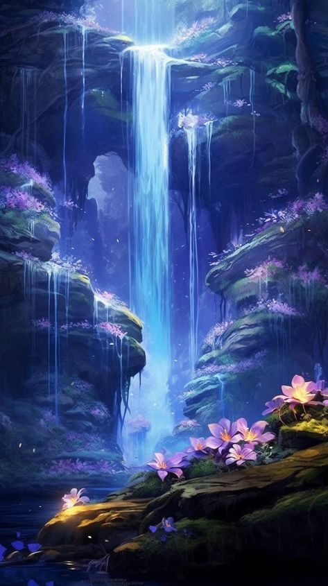 Fanasty Landscape, Blue Athestic, Fantasy Nature Art, Magical Fantasy World, Mythical Land, Pretty Waterfall, Fantasy Beach, Waterfall Background, Fantasy Scenery