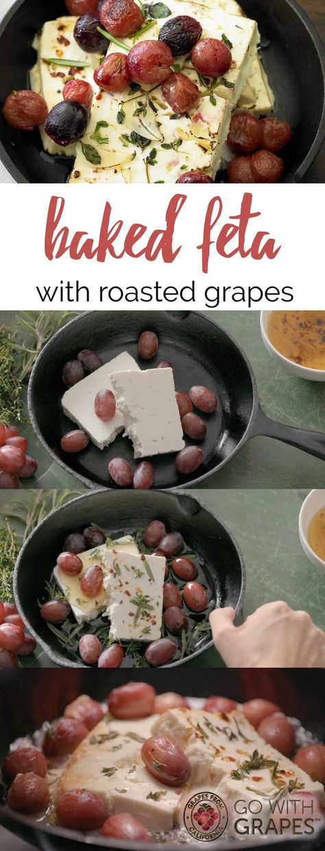 Sophisticated, yet easy to prepare, this no-fuss appetizer featuring Grapes from California and feta cheese will impress guests.  Go with grapes Hopscotch Ideas, Christmas Munchies, Baked Feta Cheese, California Recipes, Entertaining Snacks, Roasted Grapes, Vegetarian Christmas, Grape Recipes, Baked Feta