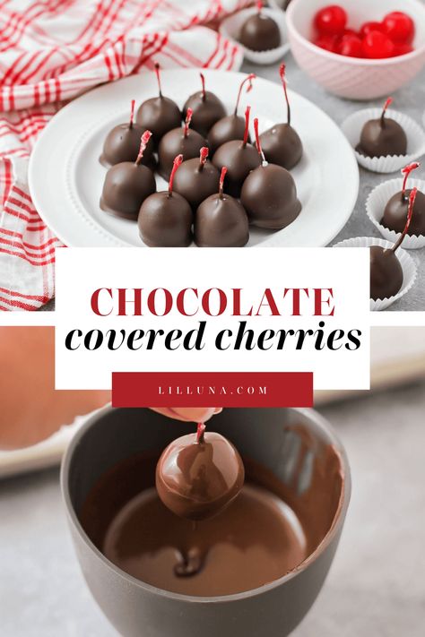 Sweet homemade chocolate covered cherries are just like you buy them in the box! Enjoy these sweet treats all year long. #chocolatecoveredcherries #chocolatecovered #cherries #homemadechocolatecoveredcherries #chocolateandcherries Chocolate Covered Cherries Recipe, Chocolate Dipped Cherries, Awesome Desserts, Christmas Neighbor, Candy Truffles, Chocolate Covered Treats, Chocolate Covered Cherries, Christmas Candy Recipes, Cherry Recipes