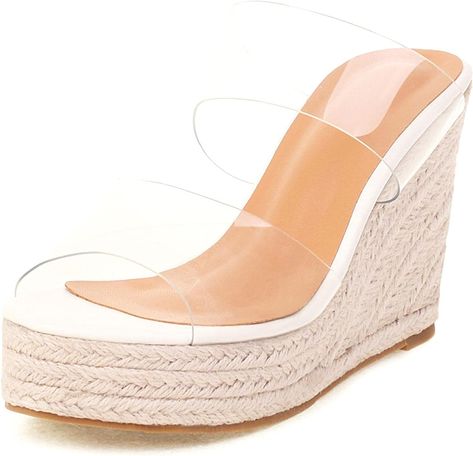 Clear Wedge Sandals that help elongate your legs and are perfect for the spring and summer months. These sandals are versatile and can be worn with a variety of outfits. https://amzn.to/400wTiN Clear High Heels, Heeled Espadrilles, Woven Sandals, Slip On Espadrilles, Espadrilles Platform, Espadrille Wedge, Wedge Heel Sandals, Espadrille Sandals, Platform Wedge Sandals