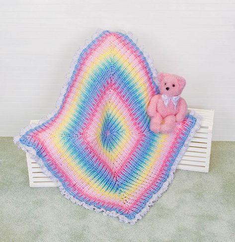 Crochet the Colors of the Rainbow baby blanket for your little one. Designed using Bernat Baby Coordinates yarn (Not Available) a DK Sport-weight yarn that offered 388 yds per 5 oz skein (solids) 457 yds (white only). Shopping List: Soft Mauve (1 skein), Soft Blue (1), Sky Blue (215 yds), Soft Turquoise (215 yds), Iced Motifs Afghans, Crochet Blanket Rainbow, Baby Afghan Crochet Patterns, Crochet Baby Blanket Free Pattern, Mary Maxim, Rainbow Blanket, Blanket Ideas, Crochet Fun, Baby Afghan Crochet