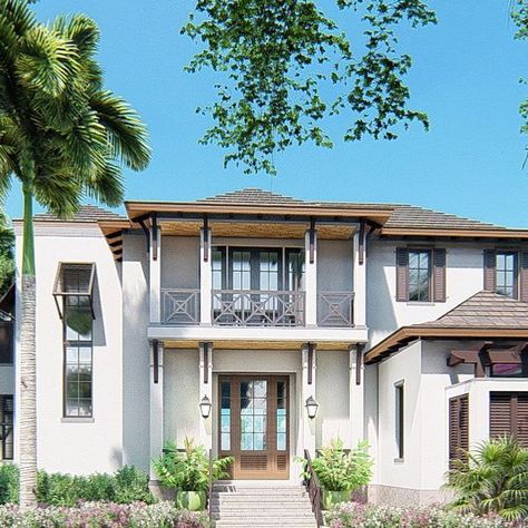 Sarasota Waterfront Builder on Instagram: "Columns, louvers and shutters...oh my! Our coastline cherishes British West Indies architecture not only for its timeless beauty, but for its airy design and supreme functionality. Soon this vision, designed by @stofftcooneyarchitects, defined by high ceilings, shady verandas, large windows and sun-drenched balconies, will be brought to life." West Indies House Exterior, Balcony Addition, British West Indies Architecture, West Indies House, West Indies Architecture, Beach Houses Architecture, Beach House Colors, House Models, British West Indies