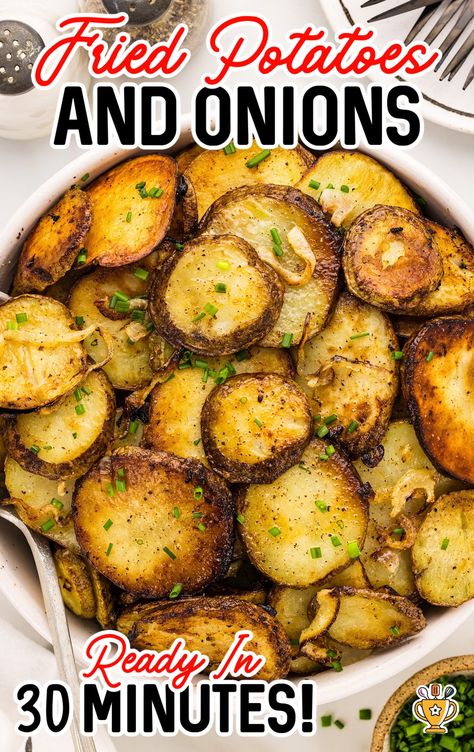 Crispy fried potatoes and onions make a delicious side dish in just minutes. Sweet onions and golden potatoes add flavor to any meal! Italian Fried Potatoes, Air Fryer Fried Potatoes Recipes, Fried Yellow Potatoes, Skillet Potato Recipes, Air Fryer Potatoes And Onions, Southern Fried Potatoes, Fried Breakfast Potatoes, Fried Red Potatoes, Crispy Fried Potatoes