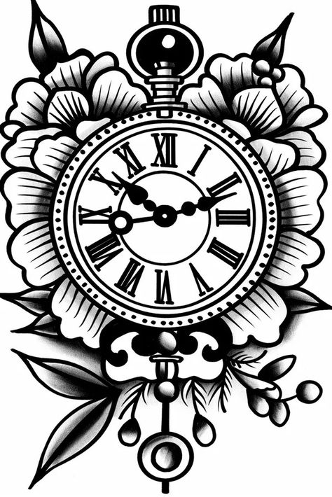 Tattoo idea: tattoo sketch symbolic Vintage clock with roman numera 7 Roman Clock Tattoo Design, Stopwatch Tattoo, Roman Clock, Symmetrical Tattoo, Idea Tattoo, Clock Tattoo Design, New Tattoo Designs, Sugar Skull Tattoos, Clock Tattoo