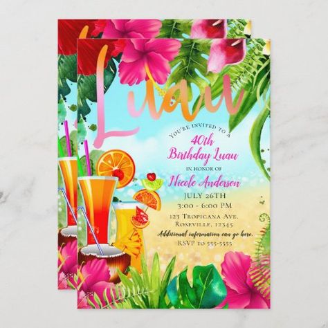 Tropical Drinks & Flowers Summer Birthday Party for $3.13 - Birthday Invitations Tiki Pool, Summer Birthday Themes, Summer Birthday Party Invitations, Tropical Birthday Invitations, Luau Party Invitations, Summer Birthday Invitations, 13th Birthday Invitations, Tropical Birthday Party, Tropical Drinks