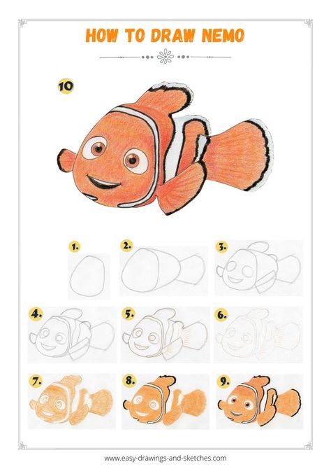 Learn how to draw Nemo in few easy steps. How To Draw Nemo Step By Step, How To Draw Finding Nemo Characters, Nemo Drawings Easy, Finding Nemo Characters Drawings, Nemo Crafts For Kids, Nemo Fish Drawing, Finding Nemo Drawings, Nemo Drawings, Nemo Painting