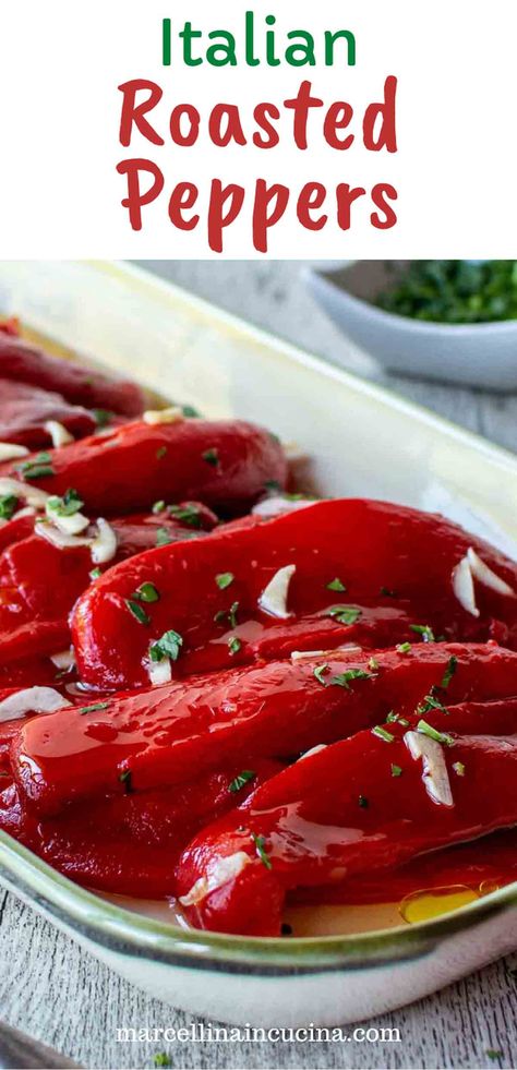 Italian Roasted Peppers in the oven are so easy to make at home with the natural sweetness and flavor of peppers being intensified and deepened during roasting. #ItalianRoastedPeppers #RoastedPeppers #Italian Peppers Marinated Roasted Red Peppers Recipe, Nardello Pepper Recipes, Italian Roasted Red Peppers, Roast Pepper Recipes, Roasted Sweet Peppers Oven, Roast Peppers In Oven, Roasted Peppers Recipe, Roasted Peppers Oven, Italian Roasted Peppers