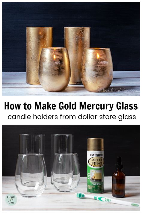 Spray Painting Glass, Painted Glass Candle Holders, Gold Jars, Mercury Glass Diy, Mercury Glass Candle Holders, Mercury Glass Candles, Mercury Glass Vase, Vase Diy, Painting Candle Holders