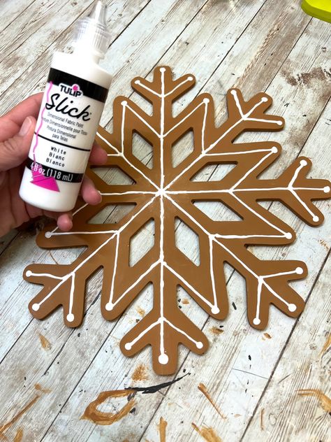 DIY Dollar Tree Gingerbread Snowflake - Creating Through Chaos Dollar Tree Wooden Snowflake Crafts, Dollar Tree Wooden Snowflake, Wooden Snowflakes Painted, Dollar Tree Snowflake Crafts, Wooden Snowflakes Diy, Dollar Tree Snowflakes, Gingerbread Cabin, Dollar Tree Gingerbread, Snowflake Sign