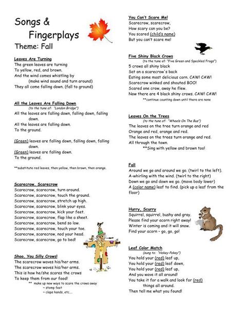 fingerplays fall - Preschool Scarecrow Fingerplays, Preschool Songs About Fall, November Fingerplays, Harvest Week Preschool, Animals In Fall Preschool, Harvest Songs Preschool, Thanksgiving Songs For Preschool, Fall Critters, Fall Storytime