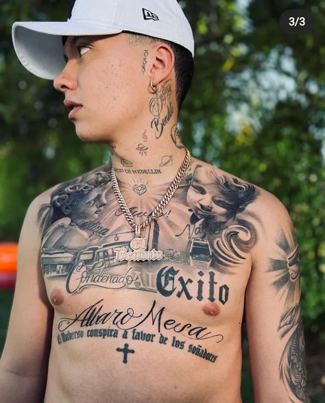 Chest Tattoo Lettering, Tattoo Frases, Chest Tattoo Ideas, Chest Hair, Estilo Cholo, Money Tattoo, Faith Tattoo, Epic Tattoo, Chicano Tattoos