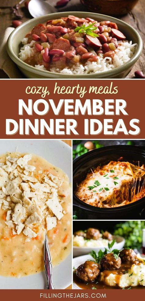 Need easy and delicious November dinner menu ideas? Look no further! This monthly meal plan is meant to save you time and money. A cozy November meal plan with simple dinner recipes that are packed with flavor and make meal planning a breeze! Add seasonal ingredients for even more fresh flavor. November dinner ideas, monthly meal planning November, easy dinner recipes. Dinner Ideas Last Minute, Weeknight Dinner Menu Meal Planning, Monthly Dinner Menu Ideas Meal Planning, Healthy November Meals, Meals For A Month Menu Planning Cheap, Meal Planning Lunch Ideas, November Recipes Easy, November Meals Dinners, November Menu Ideas