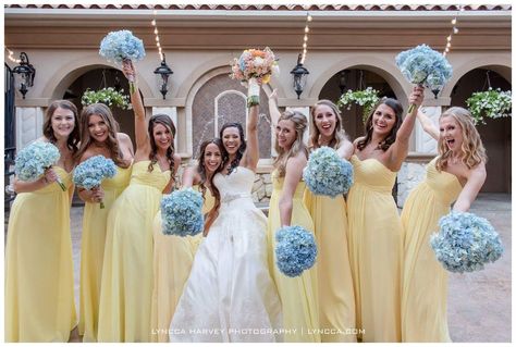 Blue and yellow wedding at Piazza in the Village - Yellow bridesmaids, yellow bridesmaid dresses, blue wedding bouquets - Mediterranean villa luxury wedding venue in Dallas/Fort Worth - DFW weddings - Texas weddings Pastel Yellow And Blue Wedding Bridesmaid Dresses, Light Blue And Yellow Wedding, Bridesmaids Yellow, Light Yellow Weddings, Bridesmaid Dresses Blue, Blue Hydrangea Bouquet, Blue And Yellow Wedding, Blue Yellow Weddings, Yellow Wedding Decorations