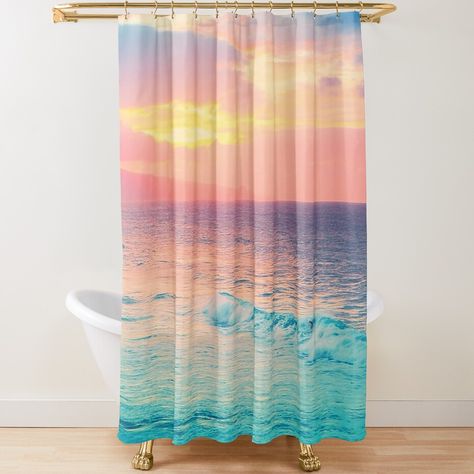 Extra-long decorative fabric shower curtains with 12 button holes. Comes ready to hang. Vivid, full-color printed on front and white on back. Fits most standard size tubs and showers. A beautiful vibrant colored sunset on the North Shore of Maui, Hawaii. Hawaii Homes, Shower Curtain Decor, Beach Landscape, Art Products, Fabric Shower Curtains, Curtains For Sale, Maui Hawaii, Curtain Decor, North Shore