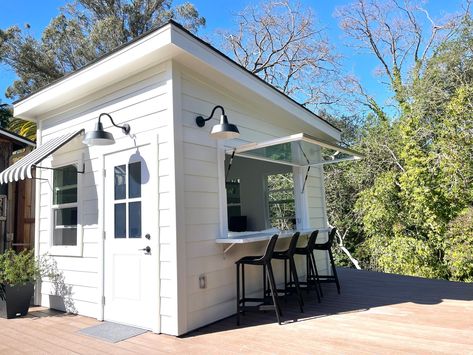 Backyard Office Shed, Board And Batten Exterior, Wood Arbor, Office Shed, Single Hung Windows, Beach Office, Backyard Office, Window Color, Transom Windows