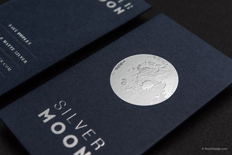 Minimalist modern navy blue card with silver foil - Silver Moon Silver Foil Print Design, Metallic Business Cards, Navy And Gold Business Cards, Navy Blue And Gold Business Cards, Luxury Design Print, Silver Foil Business Cards, Handwritten Logo Design, Visit Cards, Silver Foil Print