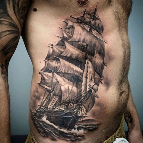 Massive sailing ship done on guys side by Carles Bonafe, an artist based in L'Alcúdia, Spain. Sextant Tattoo, Ship Tattoo Sleeves, Sailing Tattoo, Pirate Ship Tattoos, Nautical Tattoo Sleeve, Pirate Ship Tattoo, Boat Tattoo, Cage Tattoos, Pirate Tattoo